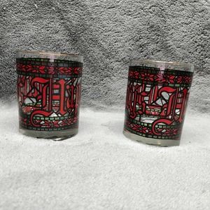 Vintage 1970s Cera Houze Stained Glass Merry Christmas Glasses Tumblers Set of 2